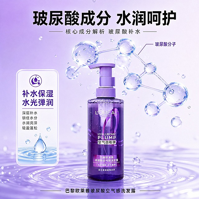 [主图-2] 巴黎欧莱雅玻尿酸空气感洗发露 核心成分解析 玻尿酸补水。[统一基调] 拼多多风格 大字直白 紫色水润调 主色为深紫渐变+白色+浅蓝点缀 主标题用粗黑体 辅助文字用细黑体 文字占比约30% 整体科技水润感。[画面] 产品瓶身位于画面下方 占比约40% 正面展示 上方悬浮3D玻尿酸分子结构模型 透明球体连接成链状 周围有晶莹水滴和水波纹 分子结构用细线引线标注 左侧有成分说明卡片 背景为浅紫到透明的渐变水光效果。[光影质感] 商业摄影质感 科技感柔光 分子结构有半透明玻璃质感 瓶身有水珠反光 整体明亮通透。[配色] 浅紫渐变背景 白色主标题字 浅蓝分子结构 紫色强调色。[文字版式] 上方大字号粗黑主标题"玻尿酸成分 水润呵护" 分子结构旁引线标注"玻尿酸分子" 左侧卡片内文字"补水保湿 水光弹润" 底部产品旁小字"巴黎欧莱雅玻尿酸空气感洗发露"。[输出要求] 比例1:1 文字清晰可读 产品清晰不变形 无错字 无水印 无平台Logo 无杂乱元素