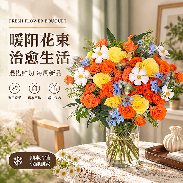 [单张主图] 橙黄蓝白混搭鲜切花束 高级氛围感主图 目标是将产品图中的鲜花插入透明玻璃花瓶中，呈现居家软装搭配效果，传递温馨品质感。

[参考比对] 参考图为左文右物场景型版式，左侧为标题文案和卖点图标，右侧为插在透明玻璃花瓶中的花束，背景是窗边居家场景，有窗帘、木椅、装饰画等元素，底部有服务信息条。本次生成保留色调体系（暖调明调）和光影风格（自然光柔光），差异化：构图改为中轴偏右花束+左侧文字的左文右物场景型，场景从窗边小圆桌改为客厅边几场景，道具增加陶瓷摆件和皮质托盘，文字内容全部重新撰写不照搬参考图文案，视角改为略微俯视的45度角。

[画面主体] 透明直筒玻璃花瓶中插满橙黄蓝白混搭花束，花束包含橙色多头玫瑰、黄色玫瑰、白色五瓣花（黄色花心）、蓝色小花及绿色配叶，花型饱满层次丰富，花朵颜色形态与产品图完全一致。花瓶为透明玻璃材质，内装半瓶清水，花茎清晰可见。花束整体位于画面中右区域，占画面约55%，完整不裁切。

[构图版式] 左文右物场景型版式。左侧约40%区域为文字信息区，右侧约60%为花束主体和场景。信息层级：英文品类词 > 中文主标题 > 副文案 > 图标卖点 > 底部服务条。

[场景元素] 背景为温馨客厅角落，浅灰绿色竖纹窗帘，柔和的午后自然光从左侧窗户斜射进来，在桌面和墙面形成柔和的光影。花束放置在米白色蕾丝桌布覆盖的木质边几上，边几右下角露出一小部分。画面左下角点缀几支白色小雏菊增加层次感。背景远处虚化可见木质画框和绿植，营造居家氛围感。

[文案版式] 左上角第一行小号英文大写："FRESH FLOWER BOUQUET"，下方一条细金色横线。主标题两行大号中文："暖阳花束 治愈生活"，字体为优雅宋体，深棕色。主标题下方副文案一行："混搭鲜切 每周新品"，字体较小，浅棕色。副文案下方横向排列三个圆形线稿图标，每个图标下方配文字：左图标为叶子图案配"当日现采"，中间图标为房子图案配"居家百搭"，右图标为礼盒图案配"送礼优选"。画面左下角有一个深棕色圆角矩形条，内有白色雪花图标和两行白色文字："顺丰冷链 保鲜到家"。所有文字清晰可读，不遮挡花束主体。

[光影质感] 自然午后柔光，主光从左侧45度角照射，花束右侧形成柔和阴影，玻璃花瓶有通透的高光反射，花瓣质感细腻真实，层次分明。背景虚化处理，突出花束主体。整体画面明亮温暖，有空气感和通透感。

[配色字体] 主色调：暖米色、浅灰绿、深棕色。辅助色：橙色、黄色（从花束提取）。强调色：金色细线。标题字体为优雅宋体粗体，辅助文字为细黑体，图标为简约线稿风格。

[比例分辨率] 1:1正方形比例，2K分辨率，文字清晰锐利，花束细节丰富。

[负向提示词] 花朵变形、颜色偏差、花型与产品图不一致、文字错字糊字、水印、平台Logo、背景杂乱、花瓶不透明、花茎断裂、悬浮感、边缘硬切、低清晰度、畸形花瓣、多余手指、人物面部。