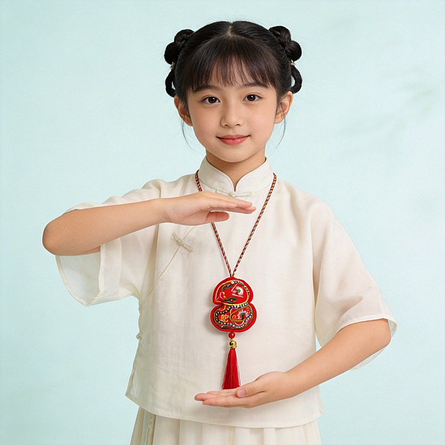 12岁左右的小姑娘穿着中国风浅色衣服，胸前挂着小巧玲珑约2厘米大小的红色刺绣蛇形香包，向大家展示香包，香包非常可爱，浅色清爽背景，摄影写实风格，远景，端午风情，1:1