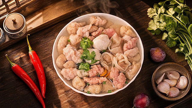 什锦汤碗严格参照上传产品图，完整保留碗的造型、汤品、肉片、肉燕、鱼丸、豆泡、香菜、黄辣椒、胡萝卜丝、葱花、红辣椒、小果子等所有可见组件、轮廓形状、结构、比例、材质质感、颜色与原图完全一致，自然融入新场景光影。
新中式厨房桌面场景，暖棕木色调，温馨烟火气氛围。
背景为深胡桃木台面，左上角隐约可见中式陶瓷调料罐与木质窗格一角，右侧搭配新鲜香菜束与蒜瓣小陶碗，蒸汽升腾感。
暖调午后侧光，产品受光面泛起暖棕色、暗部映射深木色光晕，与环境物理融合。
保持原图视角和构图不变，产品位置居中。
4K分辨率，严格锁定宽高比与原图一致。