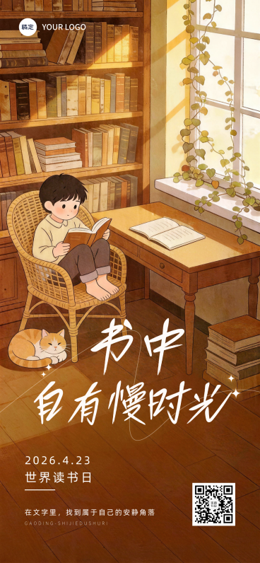 世界读书日企业阅读氛围宣传竖版海报 治愈系插画风设计预览效果