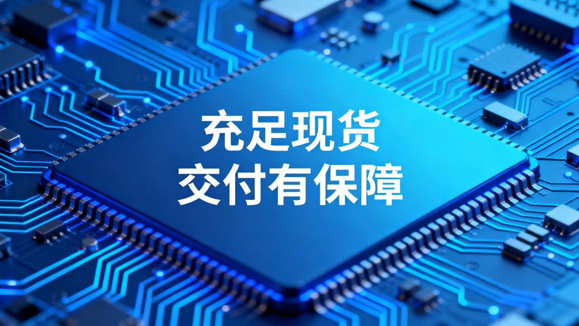 芯片行业百度竞价投放创意配图，科技风，蓝色主题，背景布满芯片电路元素，包含文案"充足现货 交付有保障"，文字使用阿里巴巴普惠体，文字样式现代不老套，整体风格统一科技感预览效果