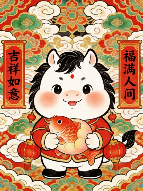 国传统新年插画，Q版Chibi卡通风格。一匹白色的中国马，调皮可爱，穿着红色过年服饰，抱着一条大锦鲤，脸上红扑扑的身上挂着红灯笼，周围是喜庆的背景，像个年画娃娃一样，左右两边贴着春联预览效果