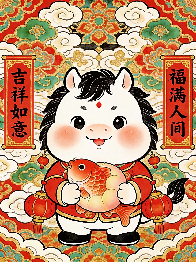 国潮风插画，拟人化小马手持金鱼，红金配色喜庆吉祥，剪纸与水彩元素融合，传递春节福满人间的可爱祝福。
