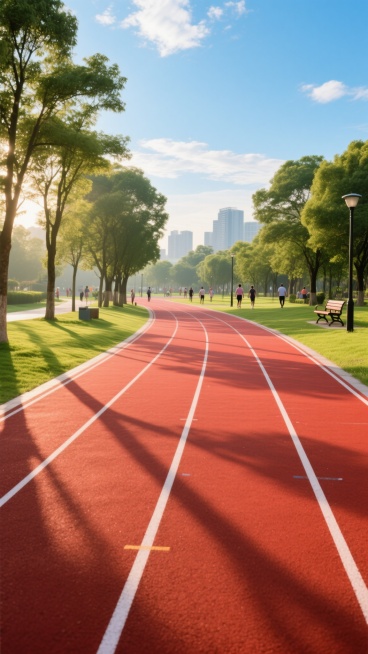清晨的城市公园跑道，红色塑胶跑道上白色分道线清晰可见，跑道两侧是绿色草坪和高大的树木，远处有晨练的人们和公园长椅，天空湛蓝飘着几朵白云，阳光柔和地洒在跑道上形成长长的影子，整体呈现出清新自然、充满活力的氛围，高清摄影风格，色彩明亮饱和度适中，画面清晰细节丰富，无水印。预览效果