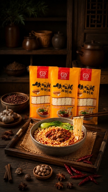 修改当前图片：将袋装铁棍山药刀削面产品缩小50%比例，摆放3袋产品，背景改为更大广角的深色木质美食场景，保留整体暖棕美食色调和香辛料搭配风格，产品完整保留原有包装文字和颜色，画质保持4K，宽高比9:1预览效果