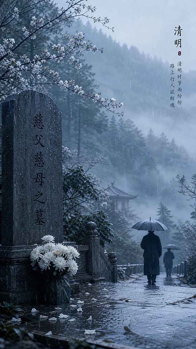 清明节气，幽静山林中飘着蒙蒙细雨，墓碑前摆放着白色花朵，远处有人撑伞扫墓，整体氛围哀伤思念，以淡蓝色和灰色为主色调，营造清明时节清冷氛围感