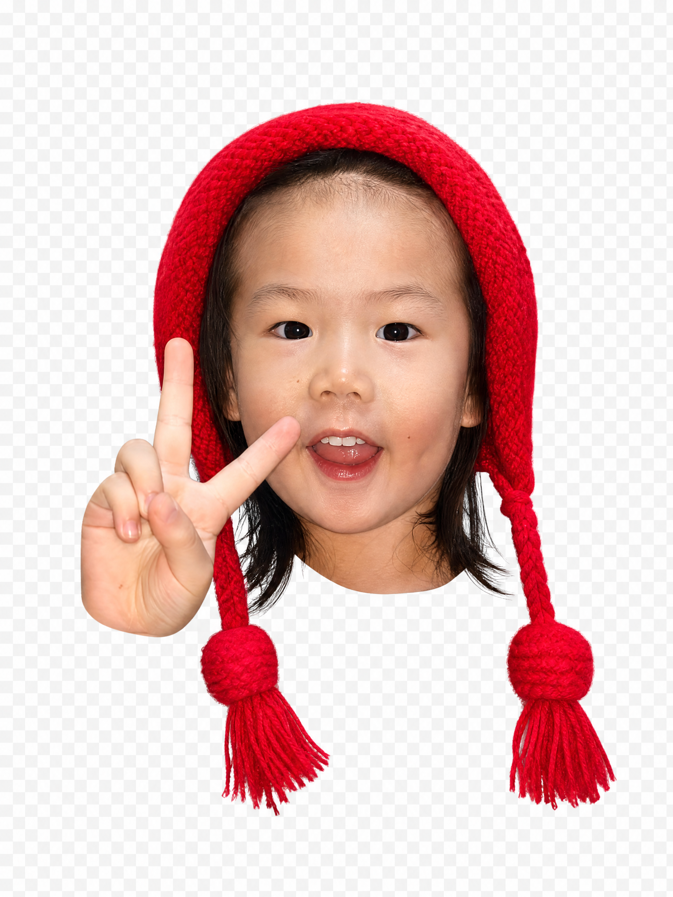 小女孩的头部肖像，戴着大红色针织帽子，帽子两侧有红色流苏绒球，… - 图片创意预览