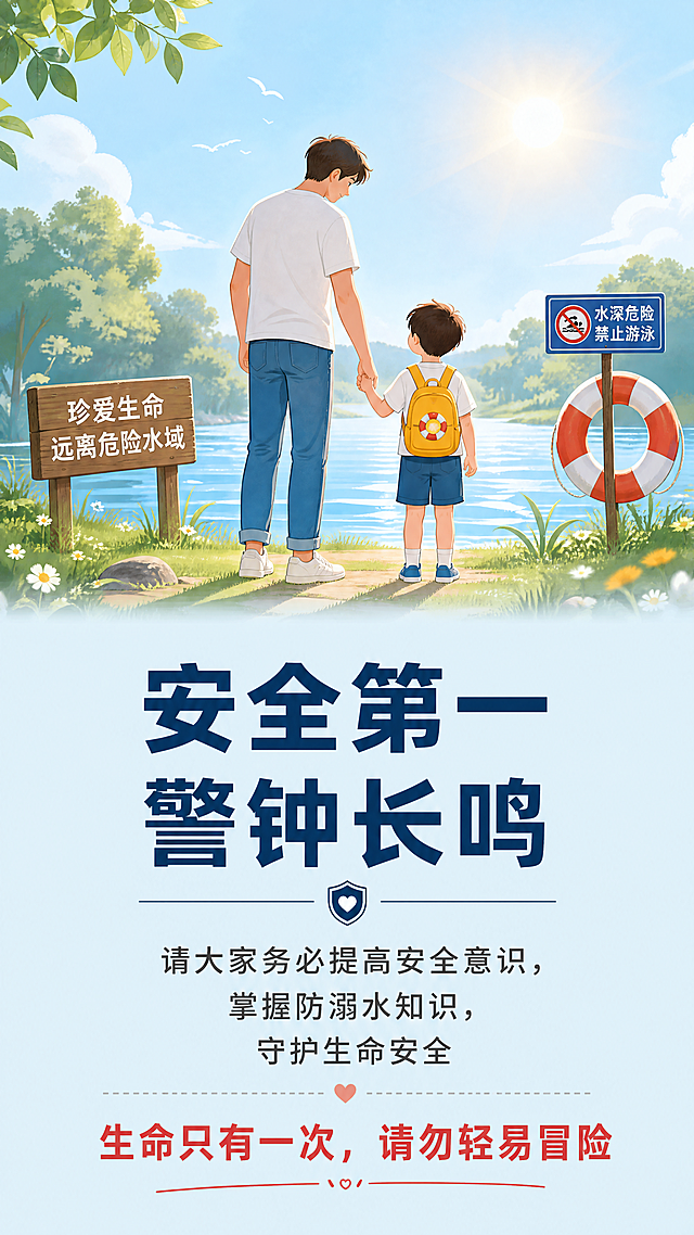 [第6屏] 结尾防溺水呼吁页，公众号长图收尾
[氛围/风格] 温暖警醒的公益风格，传递安全意识，收尾简洁有力
[元素布局] 顶部放牵手守护生命的公益插画，中间呼吁文案，底部收尾 slogan。插画占上半部分40%区域，文字占据下半部分，排版居中舒适
[光影质感] 整体光线柔和温暖，插画色彩明快协调，文字清晰醒目
[配色色系] 全局底色#E8F4F8（浅青蓝），标题深蓝色#1A3A5C，呼吁文字深灰色，slogan文字红色突出
[视角构图] 纵向居中构图，上下留白适中，重点突出呼吁主题
[文字版式] 主标题 "安全第一 警钟长鸣"，中间呼吁文字 "请大家务必提高安全意识，掌握防溺水知识，守护生命安全"，底部结尾 slogan "生命只有一次，请勿轻易冒险"，字号从大到小层次清晰
[比例分辨率] 宽高比9:16，4K超高清分辨率，文字清晰可辨
[负向提示词] 排版失衡，文字遮挡插画，颜色暗沉，文字模糊