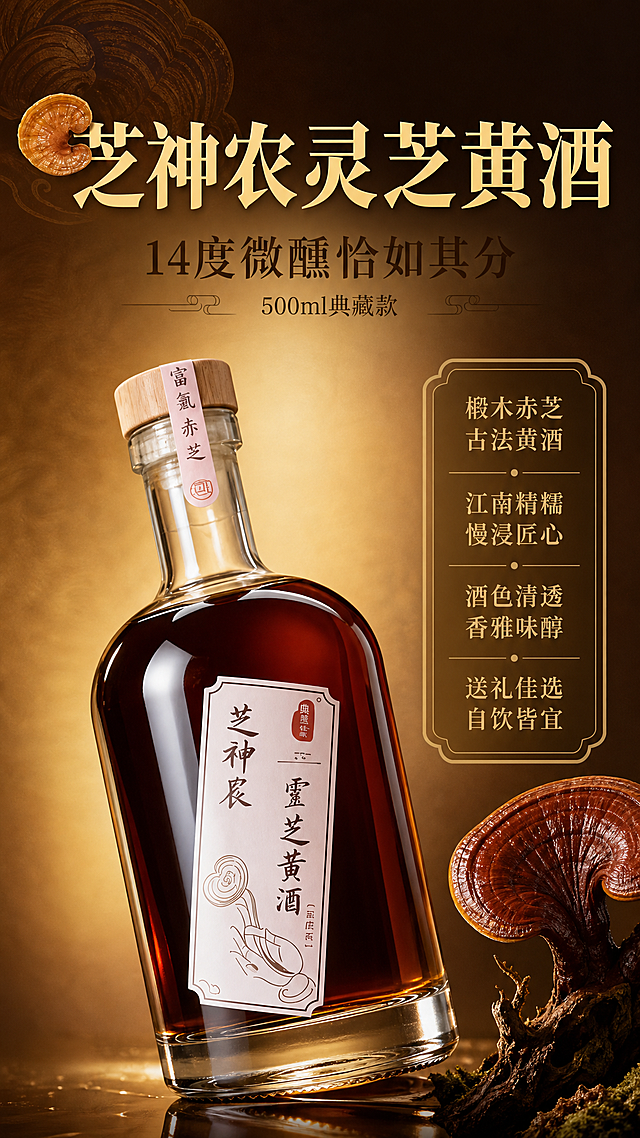 [商品] 使用【图1】芝神农灵芝黄酒瓶身正面图；保留透明玻璃瓶、深琥珀色酒液、米白色标签（竖排"芝神農 靈芝黃酒"字样与灵芝手托图案）、浅木色瓶盖（竖排"富氫赤芝"标签）、瓶身比例与材质质感；商品处理：增强瓶身玻璃通透感与酒液琥珀光泽，标签文字清晰锐利，不改变瓶型结构与文字内容。
[画面] 目标为头图海报，建立高端养生黄酒第一印象。上文下图构图，顶部占画面35%为标题区，底部占画面65%为产品展示区。产品居中偏左放置，占画面55%，瓶身45度微侧仰角，瓶底有柔和倒影。右侧搭配一朵完整椴木赤芝灵芝特写作为前景装饰，灵芝从左下向右上舒展。背景为深棕到暖金的渐变光晕，左上角点缀半朵灵芝剪影。阅读动线从上至下，先看标题再看产品。
[视觉] 套系策略：风格=新中式养生滋补高端商业摄影；标题字=宋体衬线粗体（厚重典雅）；正文字=简洁宋体正文；主色=深棕+暖金；背景延展=基于深棕暖金做深浅渐变、光晕层次与细腻宣纸/木纹质感；强调色=朱砂红，仅用于小面积印章、标签点缀和引线；标题色=暖金色；正文色=深棕褐色；组件=圆角金边信息卡、细线引线、中式云纹分隔符；光影=右前侧暖柔光，瓶身左侧有高光带，背景有柔和聚光效果。
[文字] 顶部大主标题"芝神农灵芝黄酒"（7字，暖金色粗宋体，最大字号），主标题左侧有小朵灵芝装饰图形；副标题第一行"14度微醺恰如其分"（深棕色，中号字），第二行"500ml典藏款"（深棕色，小号字）；右侧竖排金边信息框内4行卖点："椴木赤芝 古法黄酒""江南精糯 慢浸匠心""酒色清透 香雅味醇""送礼佳选 自饮皆宜"；所有文字横排，不遮挡瓶身主体标签。
[规格] 图片比例9:16竖版，4K，负向提示：避免瓶身变形、标签文字错乱、冷蓝灰背景、文字竖排旋转、绝对化用语、二维码水印、人物面部、医疗功效。