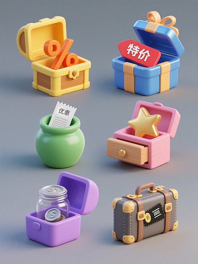 六个促销主题的3D图标整齐排列，每个图标为不同造型的开启盒子，盒内分别展示不同促销元素：第一个黄色塑料宝箱含橙色百分比符号，第二个蓝色金属礼盒含红色“特价”标签，第三个粉色木质抽屉含金色星星，第四个绿色陶瓷罐子含白色优惠券，第五个紫色玻璃罐含银色硬币，第六个灰色皮质手提箱含黑色折扣券，所有图标保持圆润边角、明亮光线、柔和阴影、统一等大尺寸和间距，整体风格可爱卡通且富有立体感。