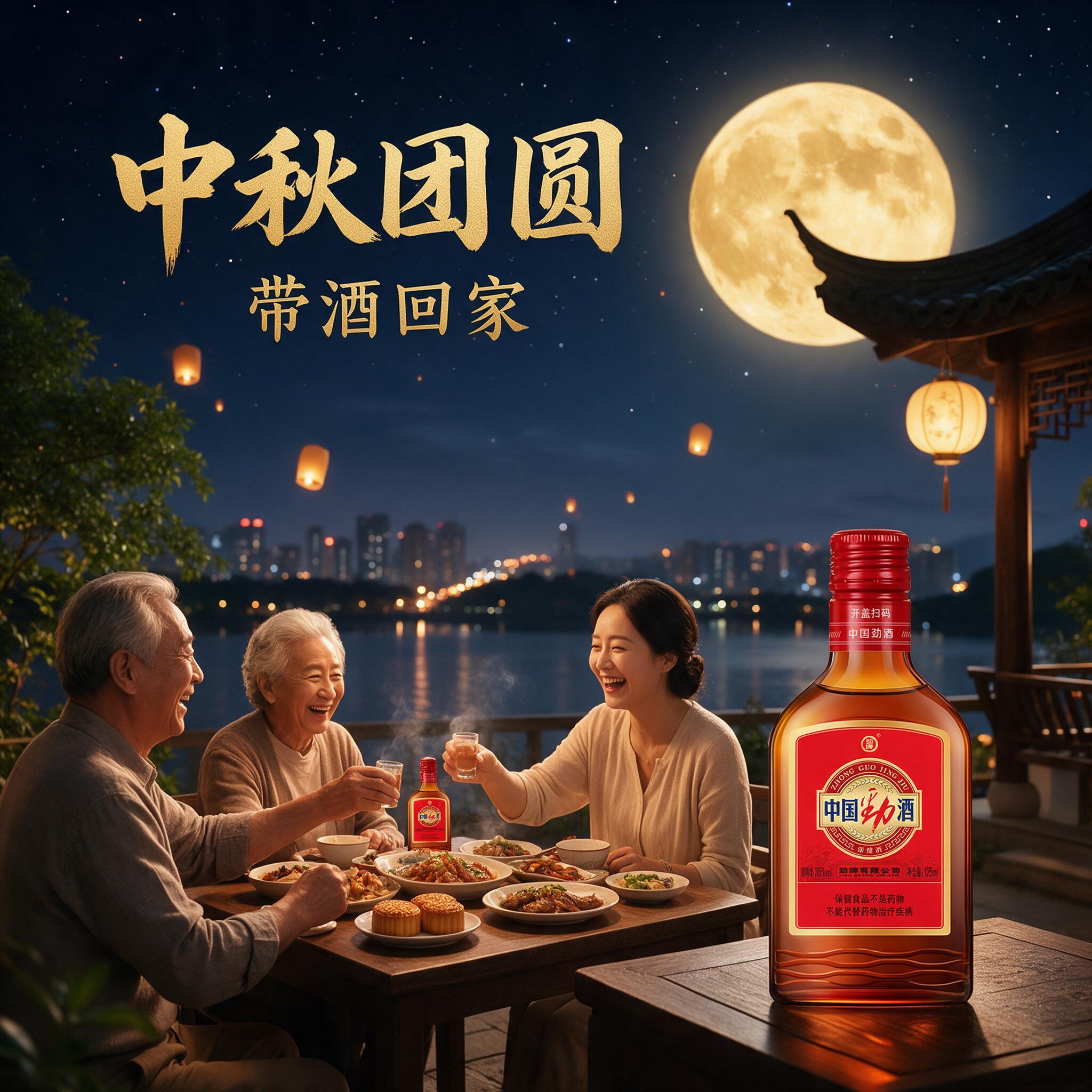 超写实商业摄影，中秋夜晚庭院阖家团圆聚餐，画面右侧前景一个木茶… - 图片创意预览