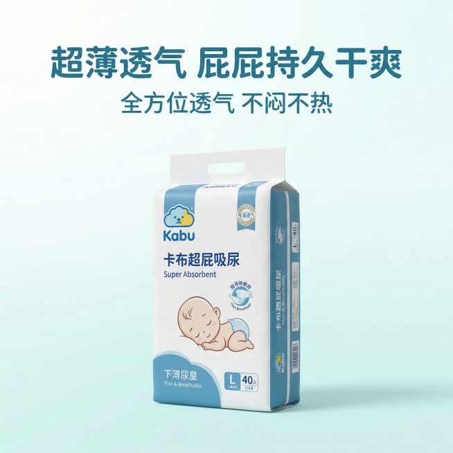 1:1竖版电商主图，极简纯白 + 淡青渐变背景，干净通透，风格简约高级。严格还原卡布kabu纸尿裤产品图，包括包装设计、颜色、LOGO位置、文字内容、图案元素等所有细节，产品外观必须与参考图完全一致，预览效果