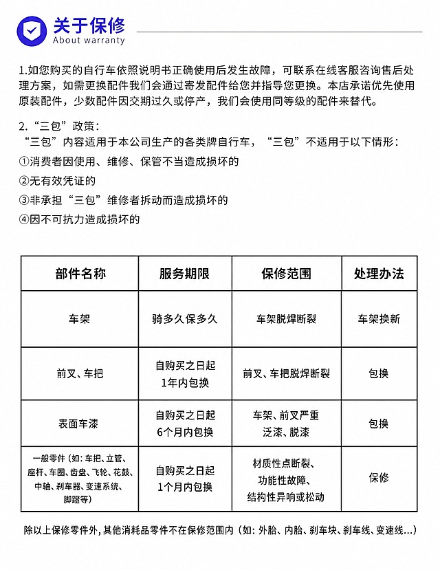 修改图中的保修表格，将车架单独作为第一行，服务期限改为"骑多久保多久"，保修范围为"车架脱焊断裂"，处理办法为"车架换新"。其余行保持不变：第二行前叉、车把（1年内包换），第三行表面车漆（6个月内包换），第四行一般零件（1个月内包换）。保持原有布局、字体和风格不变。