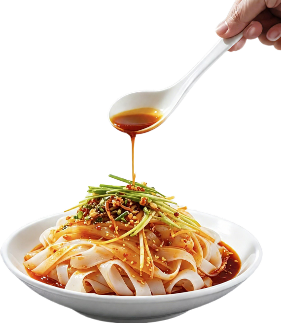 参考原图构图和内容，重新生成一模一样的高清美食图，一碗红油凉面皮，手用白勺子浇红油酱汁，上面撒有配菜和调料，高清写实，透明背景预览效果