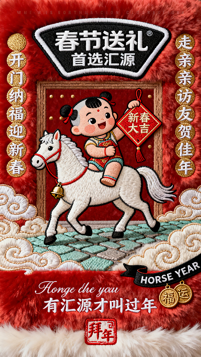 画面顶部横向排列一行微小的大红色无衬线英文说明文字：“春节送礼 首选汇源”。画面视觉中心上方汇源logo，字体带有黑色描边和白色内部细节，占据画面顶部三分之一。画面左右两侧各竖向排列一列金色实心圆点，每个圆点内嵌一个白色汉字，组成对联：“开门纳福迎新春” 以及 “走亲访友贺佳年”。画面底部是宽阔的朱红色色块区域，中央书写两行优雅的白色手写体英文：“有汇源才叫过年”。右下角装饰有黑色的飘带，上书 “HORSE YEAR”，并结合了一个包含 “福运” 字样的金色铜钱符号；底部印有大红色的仿古印章 “拜年”。画面的核心主体是年画娃娃（举着 “新春大吉” 红菱形挂件）在挂着铜铃铛的雪白色马身旁；马匹走在青石板路上，踏着碎步，尾巴轻摇，头转向娃娃，神情欢快。背景是大红色，门前两侧浮着环绕祥云。