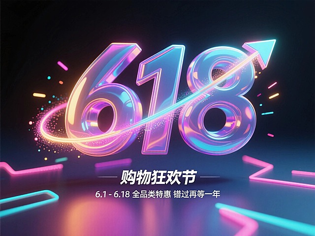 立体618数字+箭头，数字表面流动光效，箭头路径有粒子拖尾，荧光色点缀，背景暗色渐变，搭配霓虹线路效果。底部添加“购物狂欢节”标签，副标题“6.1-6.18全品类特惠错过再等一年”