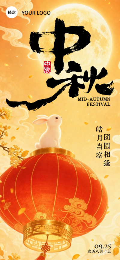 中秋佳节团圆祝福国风海报。画面以红色灯笼和玉兔为核心元素，搭配满月背景与金色桂花，呈现浓厚的传统节日氛围，适合用于中秋节祝福或节日活动宣传。