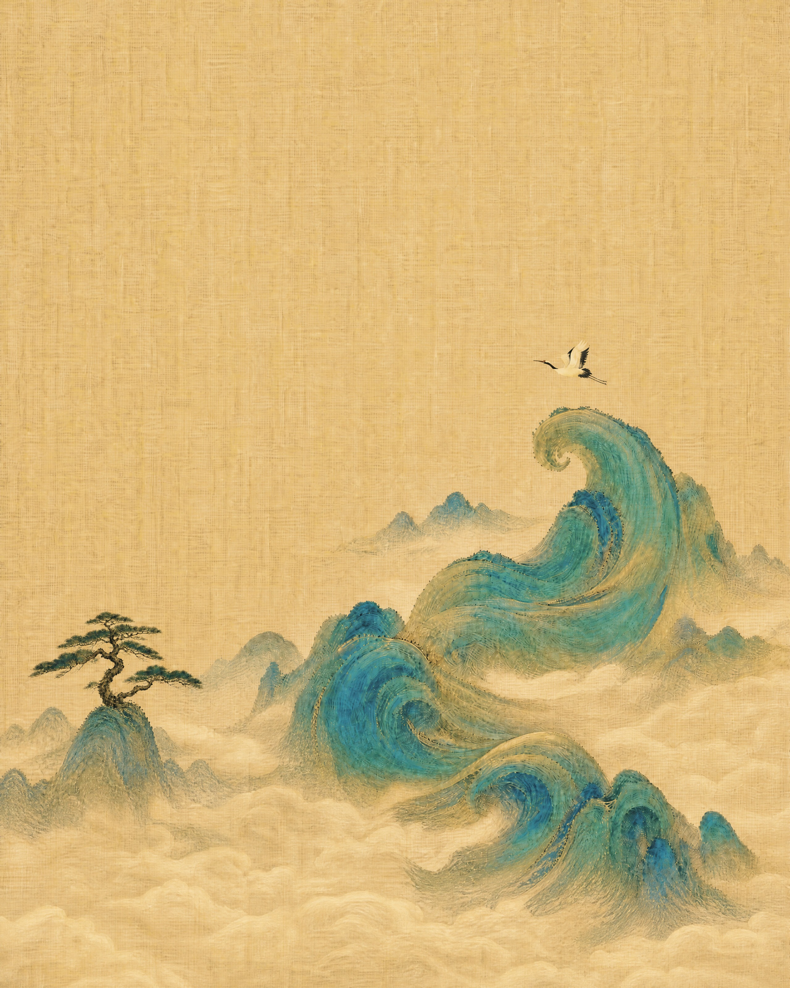 保持画面整体构图、上部大面积留白、仙鹤位置、中上部青绿波浪山峦… - 图片创意预览