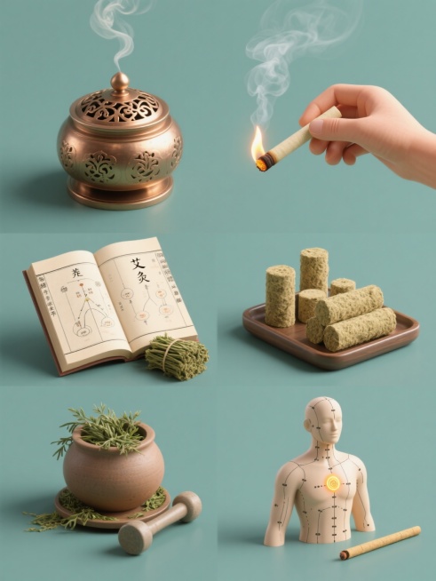 3D立体风格养生系列素材集合，纯色背景，规整排布六个完全不同元素内容，均为艾灸及养生类目，每个元素都具有清晰的3D质感和立体感，包括：1. 传统铜制艾灸盒，带有镂空花纹和燃烧的艾柱，顶部有袅袅升起的烟雾；2. 手持艾灸条正在进行艾灸操作的场景，手部姿态自然，艾灸条前端有明火和烟雾；3. 一本翻开的中医养生古籍，书页上有艾灸穴位图谱，旁边放置着一小捆艾绒；4. 几个不同规格的艾柱和艾条，整齐排列……预览效果
