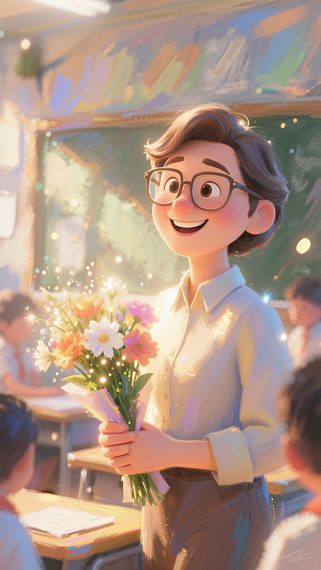 水彩风插画，梦幻温馨的教室里，男孩手捧鲜花，笑容灿烂，节日氛围浓厚。