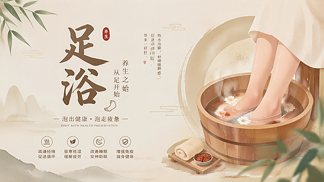 足浴养生海报设计平面图，粒子画质，超清4K，简约养生风格，背景色与采耳海报相近，不添加联系方式和地址