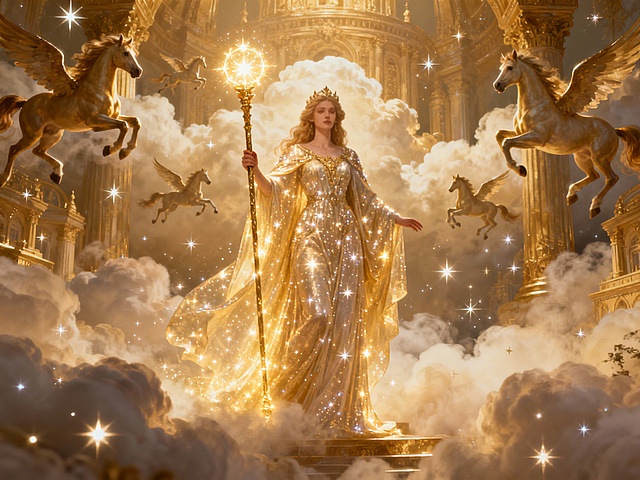 梦幻鎏金宫廷，女神持光杖立于云巅，翼马环绕，光影交织，3D重拟物风呈现欧洲宫廷艺术的神圣与奢华。