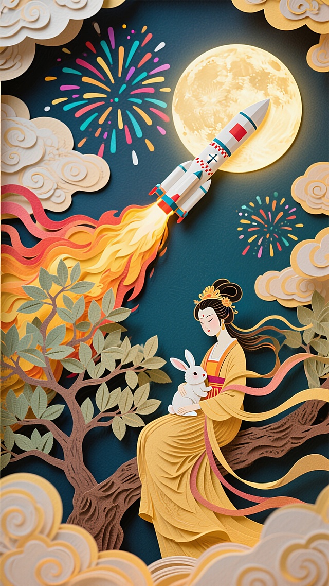 全景构图，近景是嫦娥抱着玉兔的坐在玉桂树上的侧影，中间是发射的神州火箭，背后是圆月和烟花，画面四周祥云环绕，画面整体充满喜庆和华丽，画面呈现喜庆的暖色调