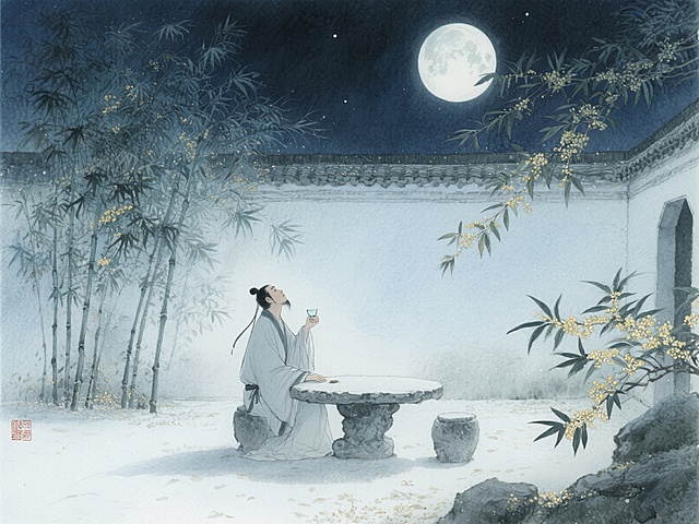 清冷的秋夜，庭院中洒满银辉，诗人独自坐在石桌旁，手中握着酒杯，抬头望向天边那轮圆月，月光将他的身影拉得很长，周围有几株疏朗的翠竹，空气中弥漫着淡淡的桂花香，画面营造出孤独而悠远的思乡氛围，仙气缥缈
