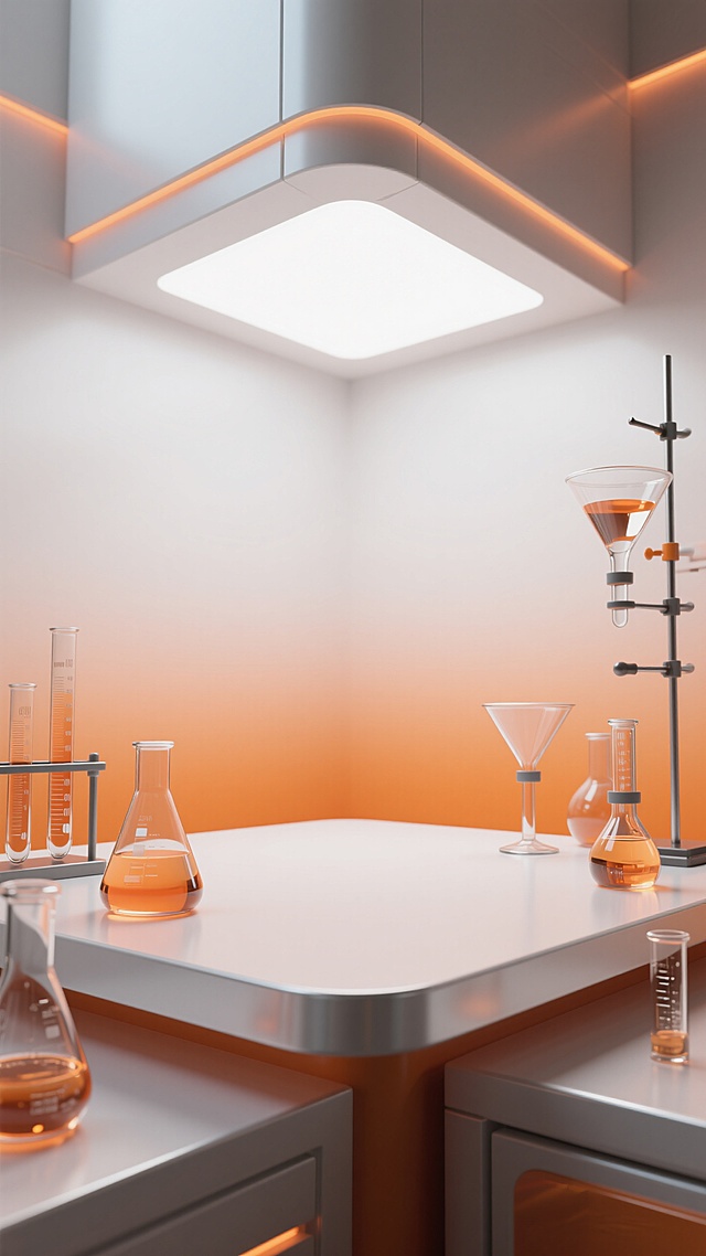 轻微仰视的产品展示空场景图，特写台面，橙白渐变背景，中心空无一物，周围搭配含液体的漏斗和烧杯