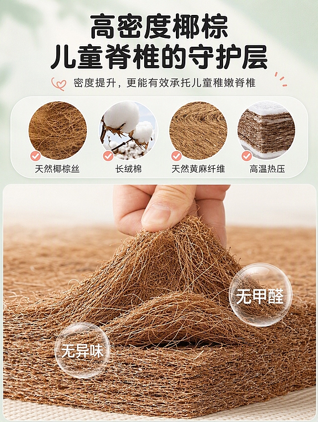 [商品] 使用【图4】3E耶梦维材质图；保留上方四个圆形原料图（天然椰棕丝、长绒棉、天然黄麻纤维、高温热压）、下方椰棕芯特写、手捏椰棕纤维的动作、「无甲醛」「无异味」圆形标识；增强椰棕纤维纹理质感，清晰化标识文字，不改变材质颜色和结构。
[画面] 页面目标：展示核心内芯3E椰棕层，突出高密度椰棕对儿童脊椎的守护作用。上下构图，上方标题+四格原料展示占30%，下方全屏椰棕芯特写占70%。阅读动线从上到下，从原料到成品。
[视觉] 套系策略：风格=温馨清新国内电商母婴风；标题字=圆润粗黑体；正文字=简洁无衬线体；主色=薄荷绿+米白；背景延展=基于薄荷绿做深浅渐变、柔和光晕与细腻织物质感；强调色=珊瑚粉，仅用于小面积图标、对勾和标签；标题色=深炭灰；正文色=中暖灰；组件=圆角信息卡、软萌图标、柔和阴影；光影=顶部暖柔光，整体明亮通透。
[文字] 顶部大标题两行「高密度椰棕」「儿童脊椎的守护层」。副标题「密度提升，更能有效承托儿童稚嫩脊椎」。上方四个圆形图标下方分别标注：天然椰棕丝、长绒棉、天然黄麻纤维、高温热压。椰棕特写图上叠加「无甲醛」「无异味」两个透明圆形标识。文字横向排版。
[规格] 图片比例3:4竖版，4K分辨率，避免变形、错字、文字过小、冷蓝灰背景、颜色失真、绝对化用语。