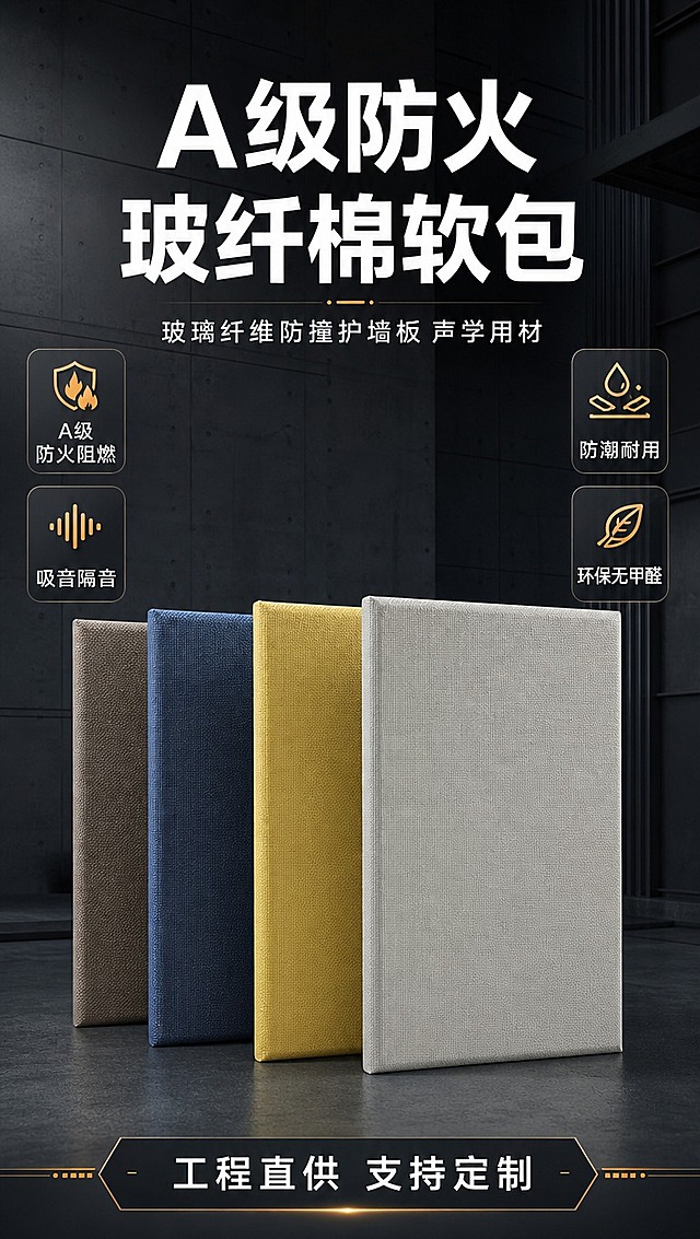 [商品] 使用【图1】四款不同颜色玻纤棉软包（浅灰、黄色、深蓝色、咖啡色）；商品处理：去除表面塑封膜亮面反光，保留玻纤布编织纹理、软包方正版型、2.5cm厚度、各款颜色；增强面料纹理质感，使边角挺括，不改变产品结构和颜色。
[画面] 目标：首屏产品主体展示+核心卖点，建立B端专业信任感。构图：产品居中偏下，四款颜色软包呈阶梯式阵列摆放，产品占画面55%；上方大标题区，左右两侧分布核心卖点图标；背景为深灰色工业风空间，有微弱建筑结构线条，营造沉稳大气氛围。
[视觉] 套系策略：风格=沉稳工业风B端商业摄影；标题字=粗黑无衬线黑体；正文字=简洁无衬线体；主色=深炭灰+藏青蓝；背景延展=深灰渐变+建筑结构暗纹+冷调工业质感；强调色=橙金色，仅用于小面积图标、引线、重点标签；标题色=纯白；正文色=浅灰；组件=深色信息卡、细线引线、工业风图标；光影=左前侧冷调硬光，突出产品立体感和材质纹理。
[文字] 顶部主标题「A级防火 玻纤棉软包」，副标题「玻璃纤维防撞护墙板 声学用材」；画面左右两侧分布4个卖点图标+文字：A级防火阻燃、吸音隔音、防潮耐用、环保无甲醛；底部标注「工程直供 支持定制」。文字横排，不遮挡产品主体。
[规格] 图片比例9:16竖版，4K分辨率，负向提示：避免塑封膜亮面、反光、变形、错字、文字过小、颜色失真、版型扭曲、卡通风格。