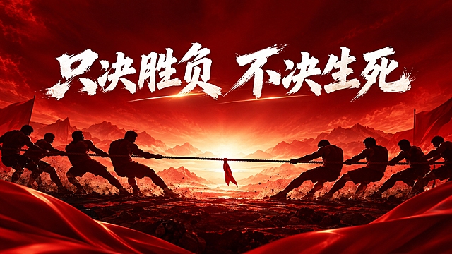 一页大气磅礴的PPT封面设计，深红色渐变背景，画面中央偏上位置有醒目的白色大字标题"只决胜负 不决生死"，字体粗壮有力，具有力量感。画面下方或两侧是拔河比赛的剪影图案，两队人马奋力拉绳，肌肉紧绷，姿态充满张力，剪影为黑色或深红色。整体风格庄重大气，红色主调，具有强烈的视觉冲击力和竞技精神，商务PPT质感，光影层次丰富，高端大气
