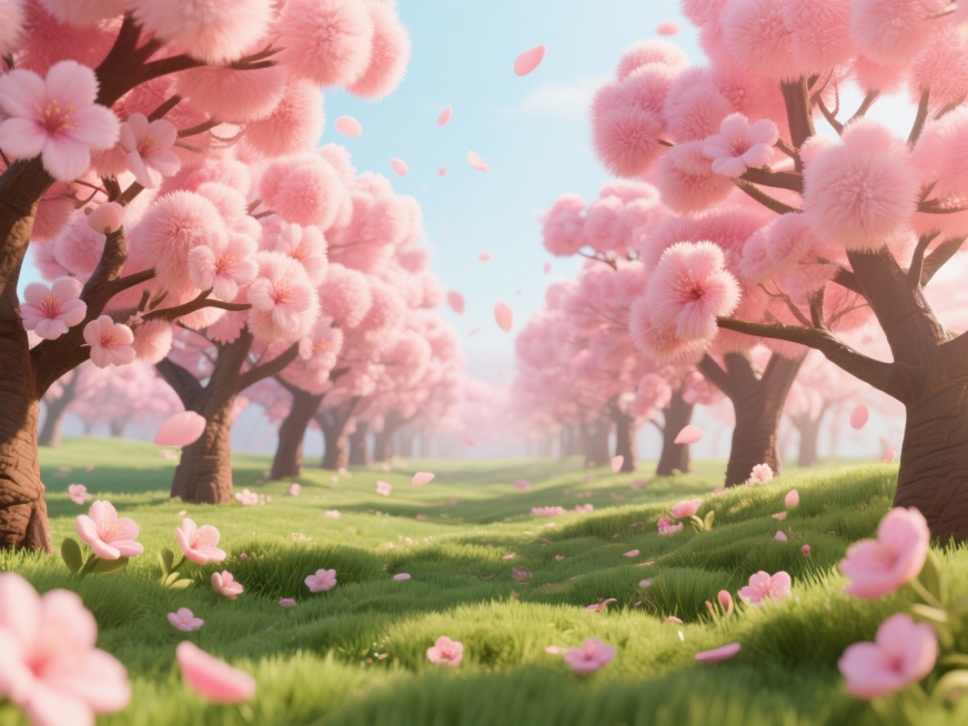 一片毛绒质感的桃花林，粉色桃花层层叠叠，毛绒质感丰富有层次，花瓣边缘有细腻的绒毛，夹岸数百步，两岸是茂密的桃树，中无杂树，地上铺满鲜嫩的绿色芳草，毛绒质感的青草柔软蓬松，飘落的粉色桃花瓣缤纷飞舞，阳光预览效果