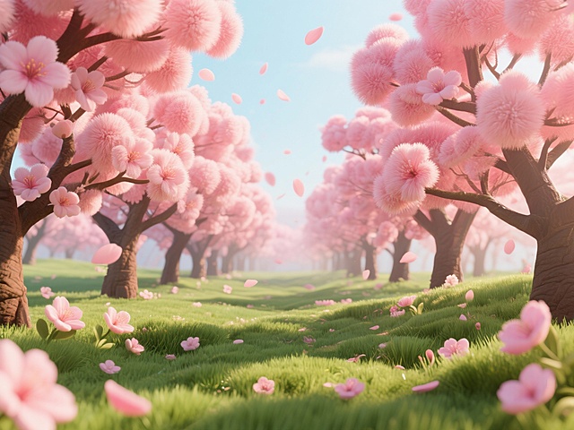 一片毛绒质感的桃花林，粉色桃花层层叠叠，毛绒质感丰富有层次，花瓣边缘有细腻的绒毛，夹岸数百步，两岸是茂密的桃树，中无杂树，地上铺满鲜嫩的绿色芳草，毛绒质感的青草柔软蓬松，飘落的粉色桃花瓣缤纷飞舞，阳光透过树枝洒下柔和的光斑，整体画面充满梦幻的毛绒触感