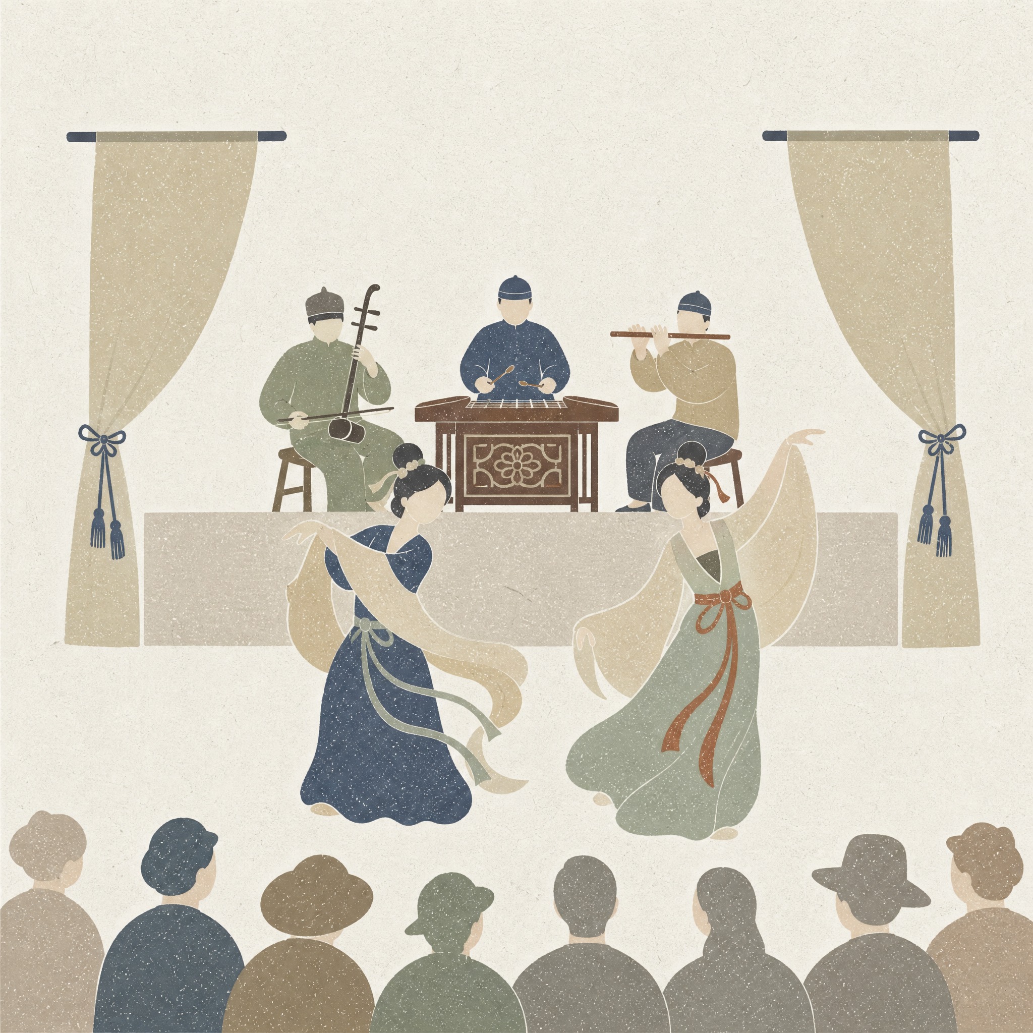 平面图形感插画，舞台上民族歌舞演出场景，白底背景，参考图中的东… - 图片创意预览
