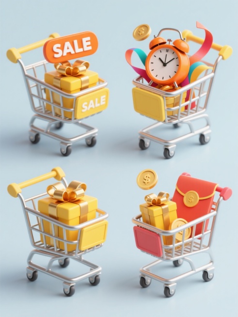 一组4个不同配色、不同样式、不同材质的双11电商促销3D立体元素，干净风格，符合现实逻辑，适用于双11电商素材使用。每个元素包含金属质感购物车，车内装满带有金色丝带的礼物盒，黄色"SALE"标签，橙色闹钟，彩色飘带，金币和红包，高光柔和，阴影细腻，整体构图平衡，视觉层次分明，信息传达清晰。预览效果