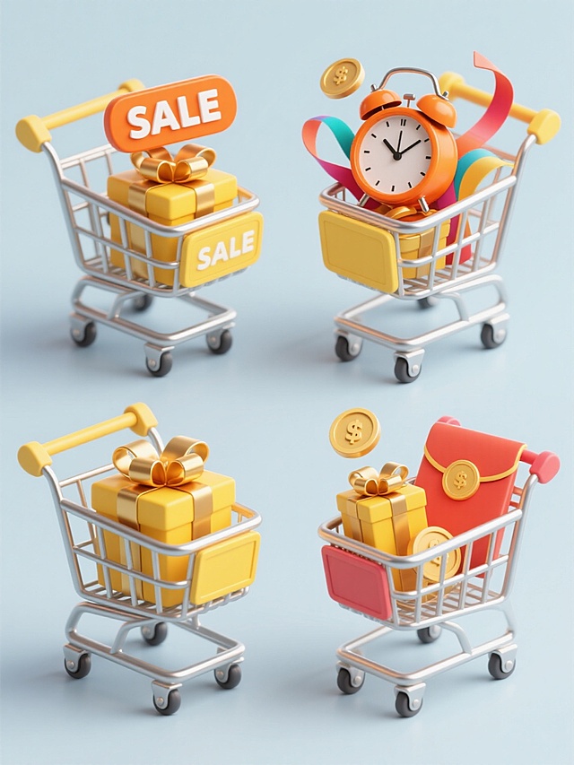 一组4个不同配色、不同样式、不同材质的双11电商促销3D立体元素，干净风格，符合现实逻辑，适用于双11电商素材使用。每个元素包含金属质感购物车，车内装满带有金色丝带的礼物盒，黄色"SALE"标签，橙色闹钟，彩色飘带，金币和红包，高光柔和，阴影细腻，整体构图平衡，视觉层次分明，信息传达清晰。