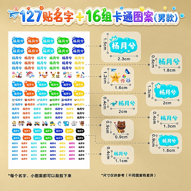 保留原图片[https://gdesign-dam-hz.dancf.com/37221170936403111/15e0b35314114318871135e58cbaefb6.png]所有产品内容、尺寸标注和文字信息不变，添加顶部标题“127贴名字+16组卡通图案(男款）”，标题使用参考图[https://gd-ai-fts.dancf.com/37219225673257036/presigned/34983565c08c4c8c92d01be6ce737c4349494.jpeg]的彩色卡通风格字体，保持整体配色和光影风格和参考图一致，图片比例为1:1，分辨率4K。