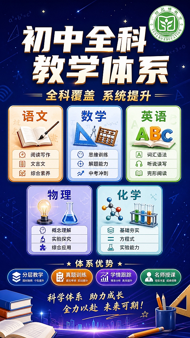 一张教培机构初中全科教学体系介绍海报，竖版9:16，深蓝色为主色调，专业大气、沉稳有力量，适合初中阶段。画面右上角放置学校logo（云阳元博教育，绿色圆形校徽，中央有书本和嫩芽图形，外圈文字"云阳元博教育 YUNA BO EDUCATION"），logo大小适中。画面顶部是大主标题"初中全科教学体系"，超粗黑体，白色或金色立体效果，醒目有分量。副标题"全科覆盖 系统提升"在主标题下方，浅蓝色或橙色强调。画面中部是五个学科卡片，横向两排排列：

第一张卡片（语文，暖橙色调）：标题"语文"，配书本/毛笔图标，下方列出："阅读写作"、"文言文"、"综合素养"。

第二张卡片（数学，蓝色调）：标题"数学"，配几何图形/算盘图标，下方列出："思维训练"、"解题能力"、"中考冲刺"。

第三张卡片（英语，绿色调）：标题"英语"，配字母ABC图标，下方列出："词汇语法"、"听说读写"、"完形阅读"。

第四张卡片（物理，紫蓝色调）：标题"物理"，配实验烧瓶/灯泡图标，下方列出："概念理解"、"实验探究"、"综合应用"。

第五张卡片（化学，青绿色调）：标题"化学"，配分子结构/试管图标，下方列出："基础夯实"、"方程式"、"实验能力"。

每张卡片设计精美，颜色区分明显，信息清晰。画面下方是体系优势总结："分层教学"、"真题训练"、"学情跟踪"、"名师授课"，用胶囊形标签排列。背景是深蓝到深紫的渐变，点缀书本、铅笔、几何图形、星星、光点装饰，整体氛围专业可信、有品质感。版式精美，层级分明，四周留有安全边距。画面中所有信息区域必须填充完整合理的内容，不得出现空白框、空白占位。