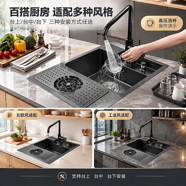 基于这张百搭厨房主图，修正下方两个小宫格（北欧风适配、工业风适配）中的水龙头角度，将歪的水龙头调正，使其与主图中水龙头的造型和直立角度一致，保持黑色抽拉龙头的正确形态。保持两个小宫格的厨房场景、水槽主体、洗杯器、文字标签、整体构图、光影和风格完全不变，只修正水龙头的角度和形态。