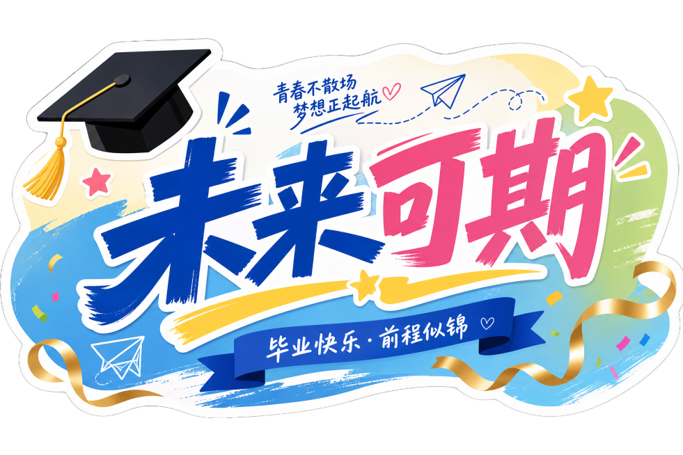 横式异型毕业举手牌，尺寸0.6x0.4米，文字为“未来可期”，活力青春风格，点缀学士帽和彩带元素，毕业主题预览效果