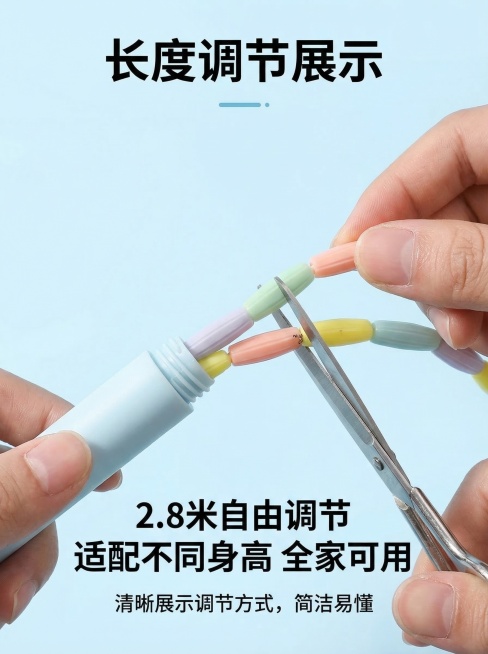 彩虹竹节跳绳详情图4：长度调节展示，特写绳尾调节结构，演示长度裁剪/调节操作，搭配文字“2.8米自由调节 适配不同身高 全家可用”，清晰展示调节方式，简洁易懂预览效果