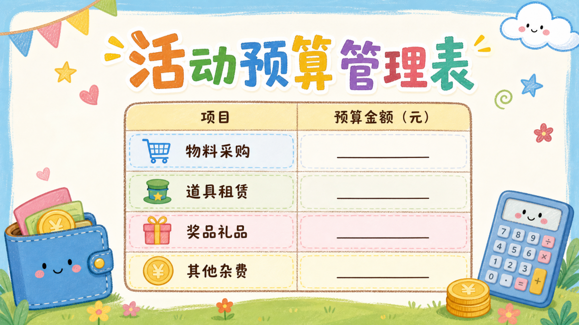 儿童手绘风PPT内页，标题是活动预算管理表，列出物料采购、道具租赁、奖品礼品、其他杂费四个项目，预留填写金额位置，配钱包、计算器卡通手绘，清晰整洁，儿童手绘风格预览效果