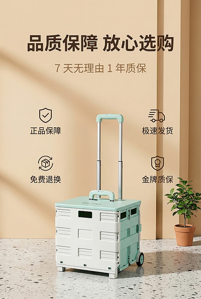 严格还原参考图中薄荷绿+白色折叠购物车设计、包装细节、配色、LOGO位置，精准复刻所有细节无偏差。主标题为"品质保障 放心选购"，位于画面上1/3居中，字体为简约无衬线体，颜色为深咖色；副标题为"7 天无理由 1 年质保"，位于主标题下方8px处，字号稍小，颜色为浅咖色；产品为展开态，位于画面中轴线下半部分，周围点缀"正品保障"、"极速发货"、"免费退换"等简约图标；背景为暖米色墙面，地面为浅灰色水磨石纹理，画面右侧角落点缀1株小型绿植；光影为柔和自然光，从画面左侧45°入射，无强反光、无重阴影；整体色调为暖莫兰迪色系，主色为暖米色+薄荷绿，辅助色为白色+浅咖色，饱和度30%，明度80%；排版留白占比40%，视觉焦点集中于产品与信任背书。避免图标多余、文字杂乱、产品比例失衡、背景杂乱、道具多余、色彩杂乱、字体杂乱、样式不统一、强反光、重阴影、文字遮挡产品、多余装饰元素、LOGO变形、配色失真、折叠结构错误、轮子模糊、画面倾斜、噪点多、分辨率低、人物乱入