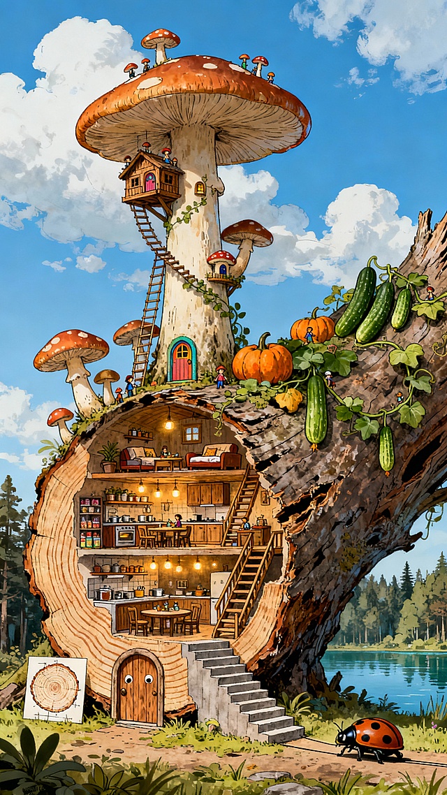 Vince Low绘画风格，近景视角，森林里的一颗巨大的倒塌落地的树干上，一堆大小不一的蘑菇从倒塌的腐朽的树干上长出来，蘑菇与树干的比例大约是1：5，所有蘑菇和树干都有小人国的臣民住在里面，树干正面是有年轮的横切面，横切面底部有个可爱的木门，树干侧面有横剖切图，树干上大大小小的蘑菇中，最大的蘑菇杆上从上到下层层叠叠密密麻麻错层好多个小蘑菇，这些小蘑菇都是一个个的小房间，也藏着很多木质小树屋，贴附着蘑菇杆上。这颗大蘑菇下靠近树干位置密密麻麻还有其余小蘑菇，杆上其余空位置也有开启木质小窗，窗内透出温暖的灯光，蘑菇屋的树屋贴附在蘑菇伞下面的杆上。蘑菇屋的底部都有可爱还带有童话色彩的入户门。倒塌的树杆上从上到下都长满藤蔓植物如南瓜和黄瓜，丝瓜等，既是小人国臣民的口粮，也是他们在树杆上攀爬的梯子。倒塌的树干里面则属于小人国的公共区域，树干里灯火通明，张灯结彩，一楼两边都是小人国的店铺与各种酒肆商铺，整个树干都属于小人国的商业区，树干里的第二层则是一个很大的会客厅，以及大型厨房，属于小人国里重大事情商议区也是小人国臣民有庆典的时候聚餐的地方。而树干上的蘑菇屋则属于小人国里的住宅区，众多蘑菇中延伸出来一个迷你的，透明单线图描绘的竖向剖切图，蘑菇竖剖图内分两层，下面一层是厨房和餐厅兼起居室，第二层带个小木质楼梯，这个楼梯通往二楼的卧室，卧室旁边有个小房间，带木质门，树干里面的两侧看得到每隔一段时距离就有一排排的木质楼梯从一层到二层，方便树干里的人从一楼到二楼，树干离地有点高，也有较宽敞的台阶直通地面。而蘑菇屋的楼梯在树干外面，贴附树干做了室外Z型木质楼梯，方便人们从商铺回自己家休息。蘑菇屋的门，窗，家具都是木质。复古风，清新自然的色彩，蓝天白云的背景，下方是一片巨大的森林以及湖泊。地面上还有各种小人国的车子，由甲壳虫或者金龟子拖行。背景干净，层次感，32K，马克笔手绘线稿，绝美的多层次色彩