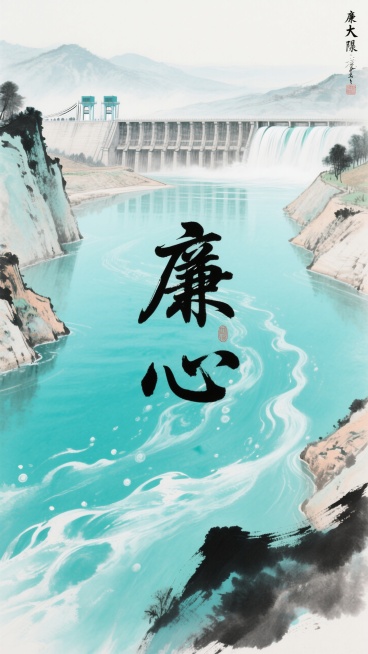 守清水廉心，映引大正气。整体已蓝绿色为主，突出水廉洁的主题，再加上引大入秦工程的宏伟预览效果