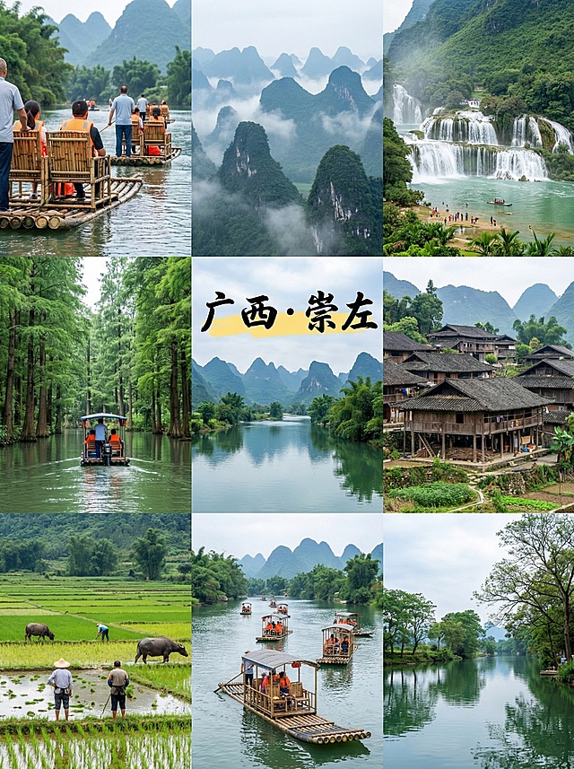 你的任务
帮我制作几份由地区特色景象结合出来的风景宣传照片，并在图片中心用文字标上主要地点（只要一个），宣传照片由当地景色的2张或者4张或者6张或者9张照片结合而成
#备注
要求图片写实，使用香蕉2.0，图片比例3:4，且不要出现任何人的正面照。
#备注
在标记地点时，只需要有地点就行，比如：
江苏·同里——江南古镇慢节奏
就只需要在拼图中间有：江苏·同里就行

#具体地点
需要阅读以下文章来提取

年前反向穷游王炸清单！5个冷门宝藏城，人均700玩3天，避峰还过瘾🔥
 
12月反向穷游天花板来啦！避开热门地人挤人，5座小众低消费城市，人均700元内承包2-3天高品质行程，自然秘境、人文古村、暖冬滨海全覆盖，附超细节省钱攻略，学生党、打工人闭眼冲～
 
一、云南普洱：茶香里的暖冬秘境
 
- 必体验清单：①太阳河森林公园和小熊猫贴贴🐼 ②那柯里古村泡免费温泉♨️ ③梅子湖步道看晨雾漫山
- 核心亮点：12月均温18-22℃，无旺季喧嚣，茶山层叠如绿浪，古村保留原生态傣家风情，路边茶摊10元喝到地道普洱，治愈感拉满。
- 成本参考：住宿60-90元/晚（古村民宿，部分含免费茶歇），餐饮25-40元/餐（傣味凉拌、普洱烤鸡性价比超高），太阳河森林公园学生票40元，其他景点多免费。
- 省钱攻略：普洱市区乘公交到那柯里（5元/人），比打车省40元；住古村民宿可蹭免费采茶体验，买茶叶直接找茶农，比门店便宜一半；自带空瓶，民宿多提供免费山泉水。
 
二、广东潮州：烟火气拉满的美食古城
 
- 必体验清单：①广济桥看“过河拆桥”奇观🌉 ②西马路吃遍10元内小吃（牛肉丸、蚝烙、鸭母捻） ③开元寺感受千年禅意
- 核心亮点：12月气候温润15-20℃，避开暑假人流，古城骑楼藏着百种地道小吃，广济桥夜景流光溢彩，老巷子里的手作店超好逛，性价比碾压热门旅游城。
- 成本参考：住宿70-110元/晚（古城内民宿，步行可达核心景点），餐饮30-50元/餐（人均50元能吃撑小吃街），广济桥门票20元（学生半价），其他景点免费。
- 省钱攻略：古城内步行+共享单车（5元/天），无需打车；小吃选路边老店，比网红店便宜30%；提前在网上订“古城联票”，比单买省15元。
 
三、广西崇左：山水画里的避世小城
 
- 必体验清单：①明仕田园乘竹筏赏喀斯特峰林🏞️ ②德天跨国瀑布看跨境激流🌊 ③安平仙河逛“水上森林”
- 核心亮点：12月少雨清透，峰林倒映水面如泼墨画，德天瀑布水量充沛不拥挤，小众村落保留壮族吊脚楼原貌，物价仅为桂林1/2。
- 成本参考：住宿80-120元/晚（田园民宿，推窗见景），餐饮35-50元/餐（壮家酸嘢、河鲜超新鲜），明仕田园竹筏学生票60元，德天瀑布学生票75元。
- 省钱攻略：崇左市区乘旅游专线车到景点（15元/人），比包车省80元；拼竹筏（4人一艘），人均省20元；自带零食，景区周边餐饮溢价高。
 
四、江西景德镇：瓷韵满满的文艺小城
 
- 必体验清单：①陶溪川逛文创市集淘手作🏺 ②古窑民俗博览区看制瓷工艺 ③三宝村走青石板路赏瓷窑遗址
- 核心亮点：12月告别旅游旺季，陶溪川市集人少好逛，可免费体验拉坯（部分工作室），老厂区改造的文创园拍照出片，文艺气息拉满，消费亲民。
- 成本参考：住宿65-100元/晚（文创园区民宿，部分含免费茶点），餐饮30-45元/餐（景德镇炒粉、冷粉人均10元管饱），古窑民俗博览区学生票50元，其他景点免费。
- 省钱攻略：市区乘公交可直达各大景点（2元/人）；陶溪川市集傍晚去，部分摊主会降价清货；住文创园区周边，可蹭免费陶艺体验课。
 
五、福建漳州：山海相间的暖冬小城
 
- 必体验清单：①东山岛苏峰山看环岛公路日落🌅 ②南靖土楼逛“客家围龙屋”🏯 ③漳州古城吃四果汤、面线糊
- 核心亮点：12月均温16-21℃，东山岛人少清净，海水湛蓝，土楼避开国庆人流，古城烟火气十足，海鲜人均40元实现自由，性价比超高。
- 成本参考：住宿70-110元/晚（海边或古城民宿），餐饮35-55元/餐，土楼群学生票70元，东山岛无门票（苏峰山免费）。
- 省钱攻略：漳州动车站乘专线车到土楼（20元/人），比打车省60元；东山岛租电动车环岛（25元/天），比包车省50元；菜市场买海鲜找餐馆加工，加工费10-15元/份。
 
出行终极实用提醒
 
1. 提前10天订住宿，选择“连住2晚减50元”“早鸟价”房型，淡季好房也抢手，部分民宿可议价～
2. 带便携保温杯+折叠伞，12月早晚有温差，海边可能遇小雨，喝热水方便还能省买水钱；
3. 优先选公交、共享单车或旅游专线，冷门城市交通便利，人均每天交通费控制在15元内；
4. 学生证、教师资格证带好，多数景点可享半价，部分冷门景点对学生免费；
5. 吃当地菜市场、老街区美食，不仅地道还比景区周边便宜50%，避开网红餐厅溢价。