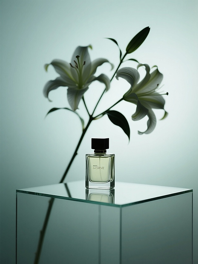 一瓶香水特写，玻璃台子，背后是一枝动态模糊有残影的百合花，浅绿色渐变背景，暗调