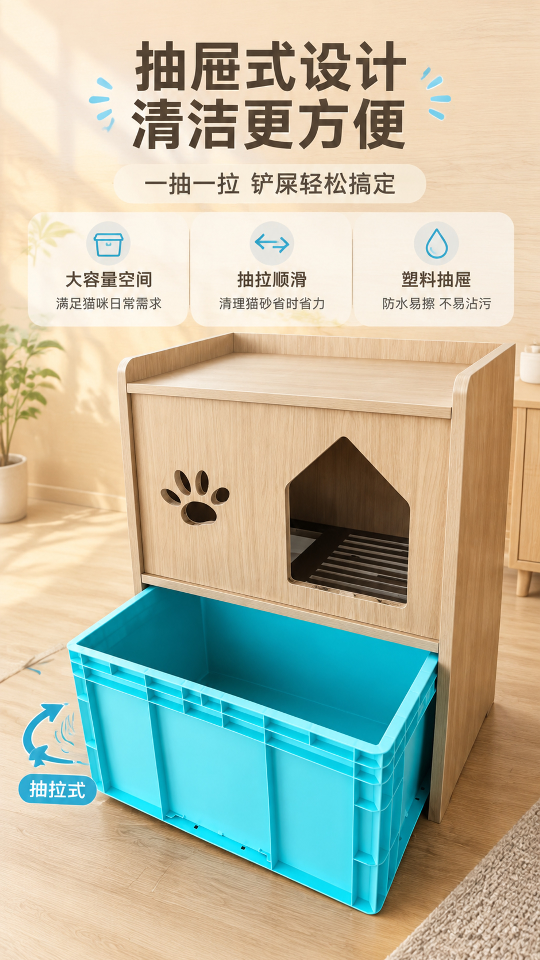 [商品] 使用【图2】浅原木色猫砂柜，抽屉拉开状态；保留柜体结… - 图片创意预览